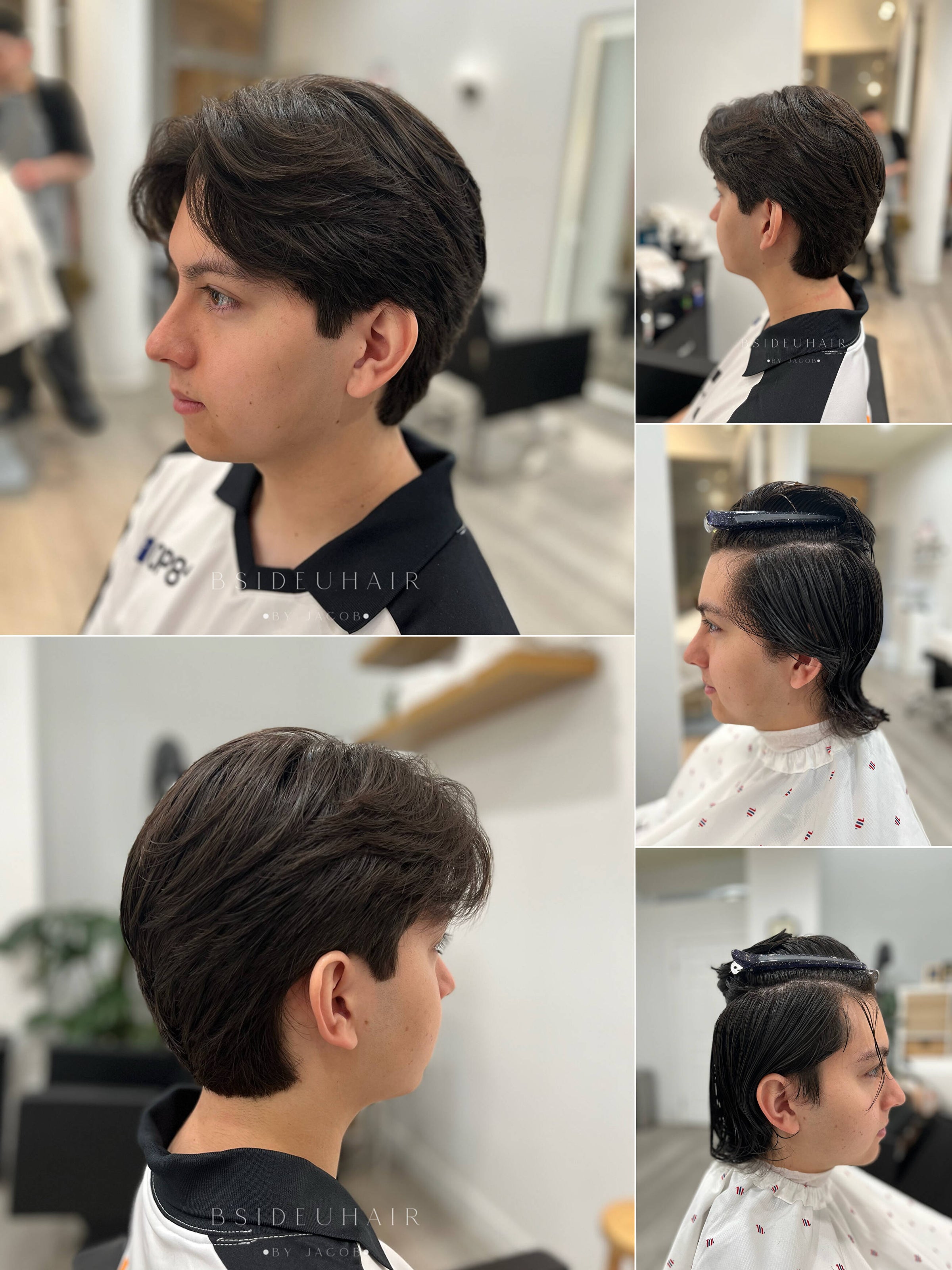 A series of images showing a young man with varying hairstyles in a salon setting, including before and after shots.